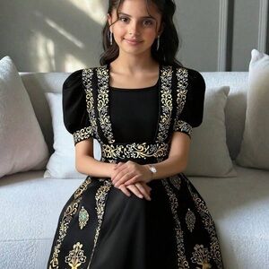 Black Embroidered Puff-Sleeve Dress